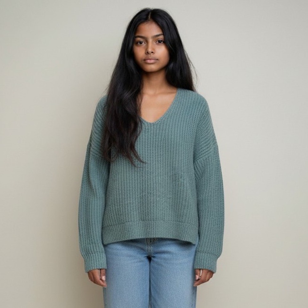 Lucky Brand Womens Teal Blue Chenille V-Neck Grandpacore‎ Sweater Small S/P